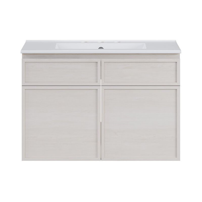 30" Wall-Mounted Bathroom Vanity in White Oak with 3-Hole Widespread Sink Top image number 0