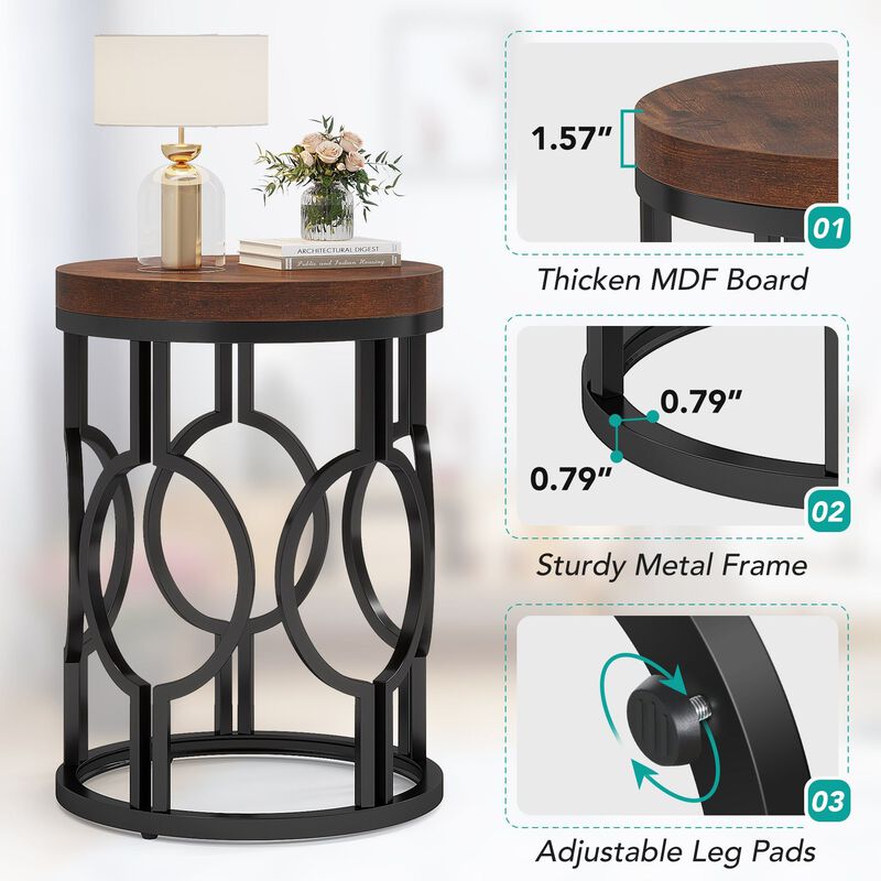 Industrial Round End Table, Side Table with Metal Hollow Frame image number 6