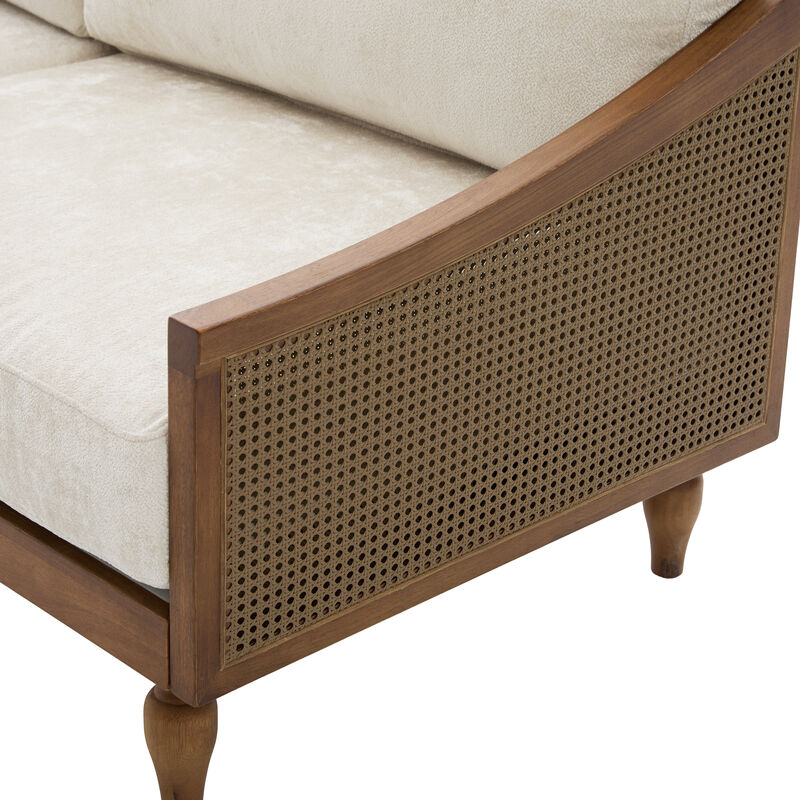 Merax Rubberwood Frame 2 Seater Chenille Loveseat Rattan Woven Side Panels with High-Density Foam Cushions image number 3