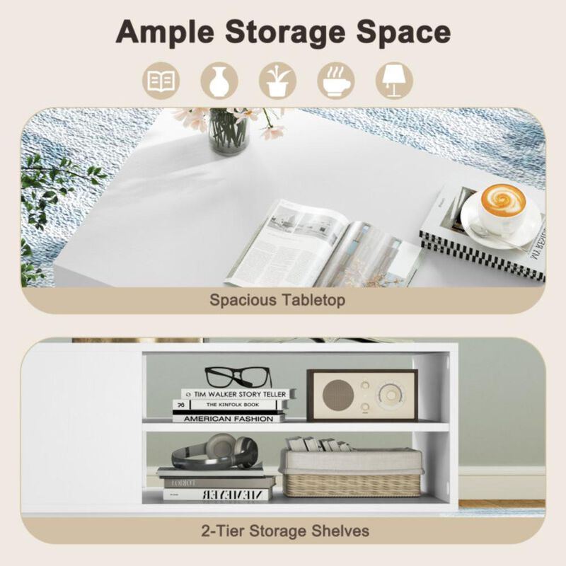 Hivvago Modern Coffee Table with 2-Tier Open Storage Shelves-White