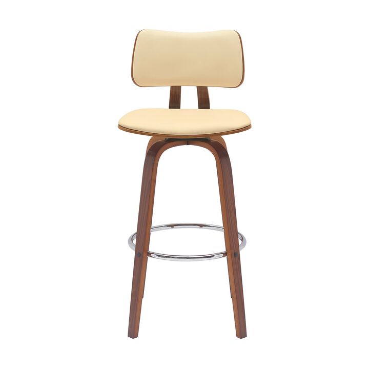 Pino 30 Inch Swivel Barstool Chair, Cream Faux Leather, Walnut Brown Wood - Benzara