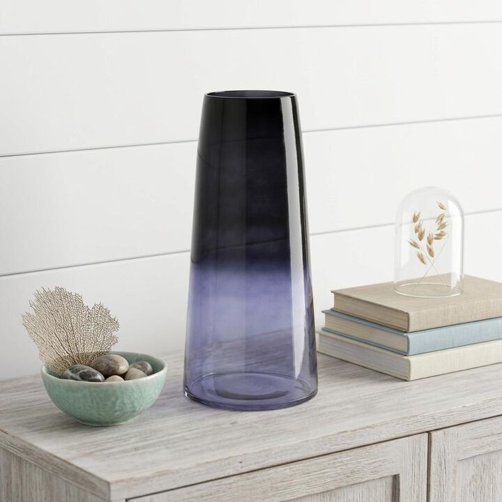 HomeRoots 13" Blue Ombre Glass Tapered Table Vase