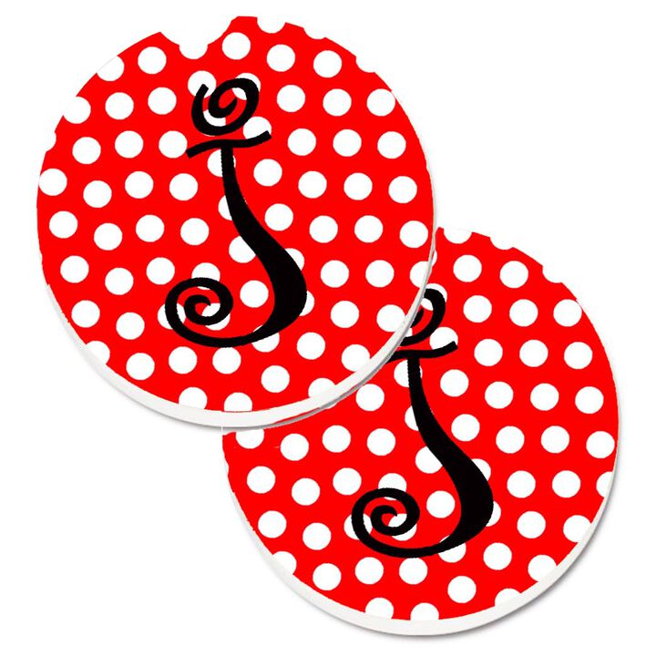 Caroline's Treasures Letter J Initial Monogram Red black Polka Dots Set of 2 Cup Holder Car Coasters CJ1012-JCARC, 2.56, Multicolor