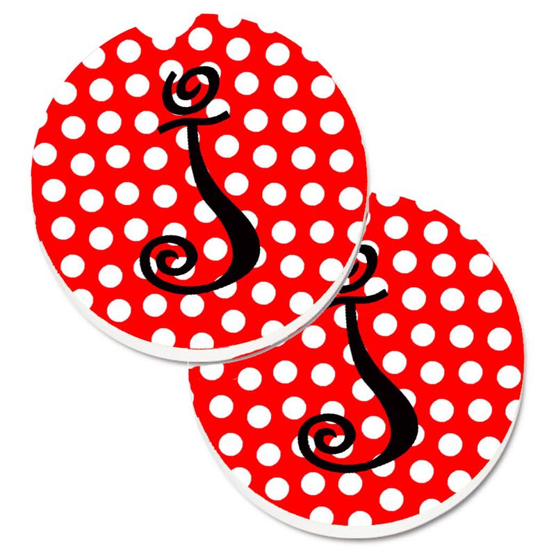 Caroline's Treasures Letter J Initial Monogram Red black Polka Dots Set of 2 Cup Holder Car Coasters CJ1012-JCARC, 2.56, Multicolor