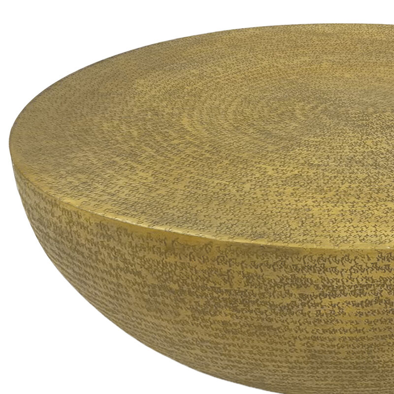 Terminus Coffee Table, 36 Inch Round Bowl Base with Hand Etched Texture, Antique Brass