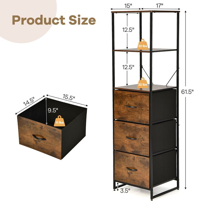 Freestanding Vertical 3 Drawer Dresser with 3 Shelves-Rustic Brown