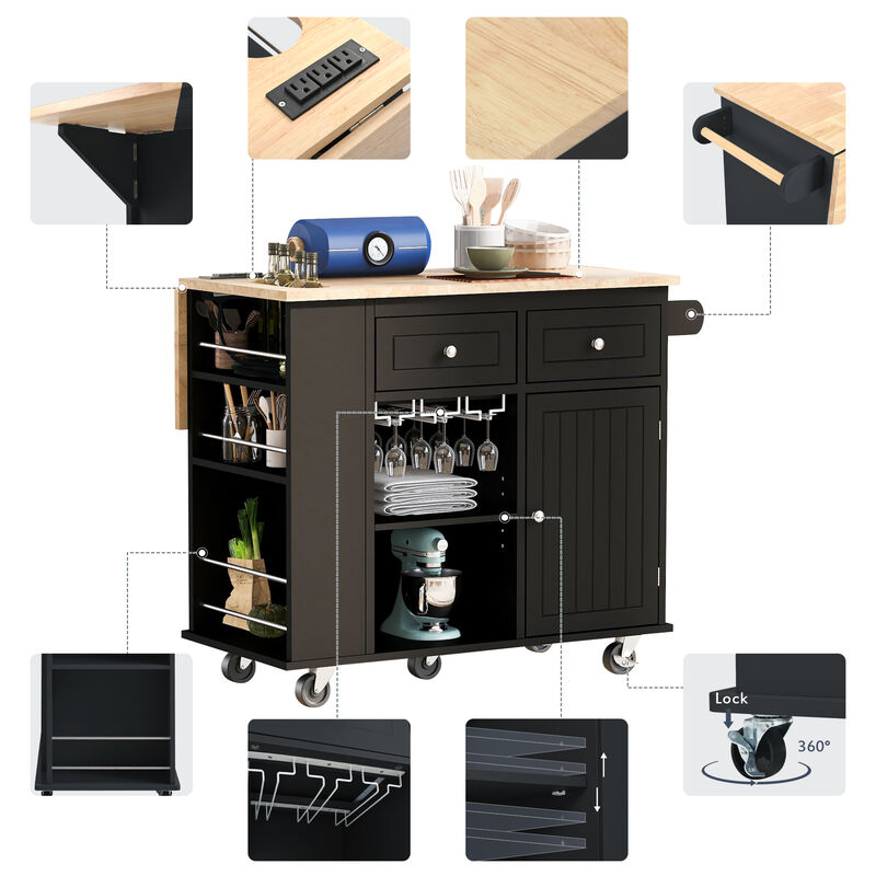 Merax Kitchen Island with Power Outlet,Kitchen Storage Island with Drop Leaf and Rubber Wood