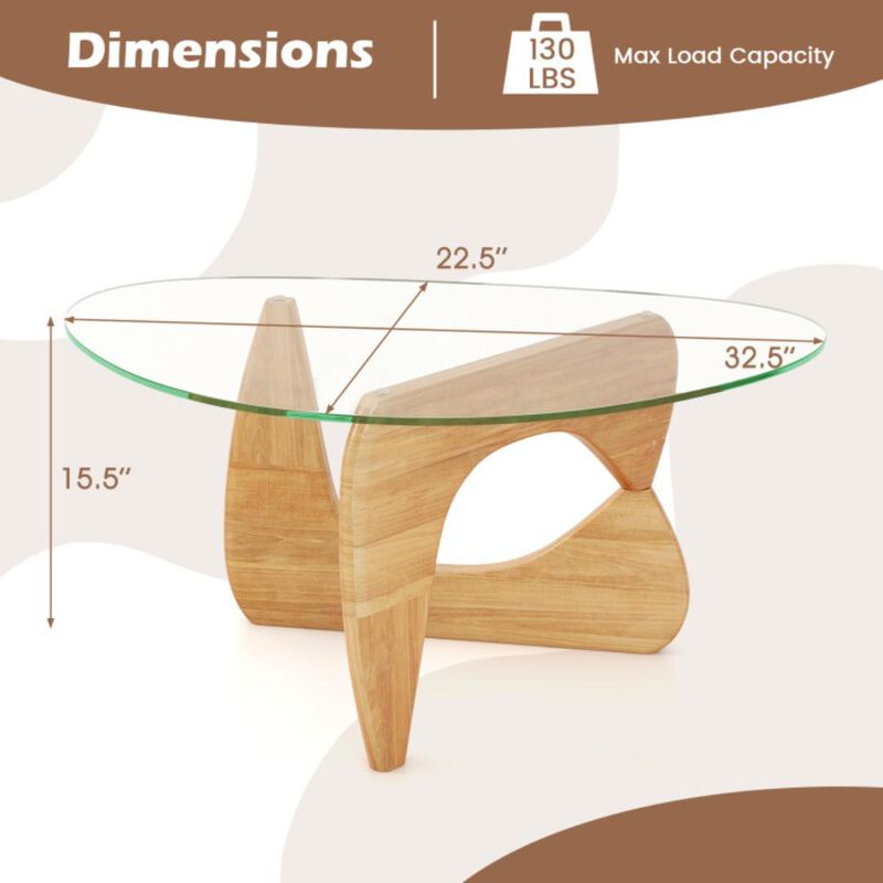 Hivvago Triangle Coffee Table with Tempered Glass Top and Adjustable Rubber Wood Base