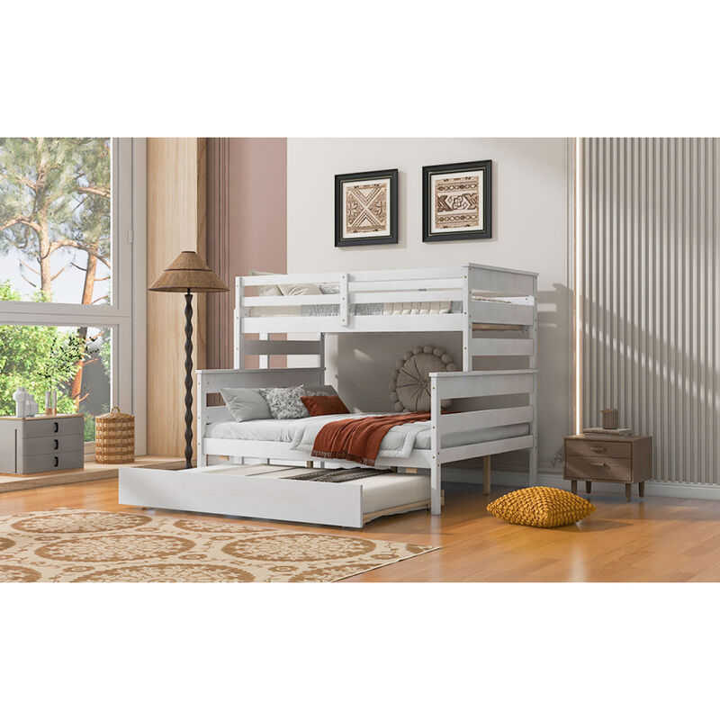 Wood Twin over Full Bunk Bed with Twin Size Trundle, White