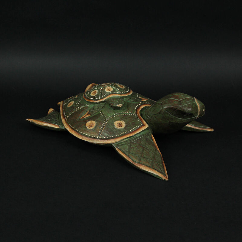 Green Finish Mother And Baby Turtle Hand Carved Wood Sculpture Home Decor Statue image number 4