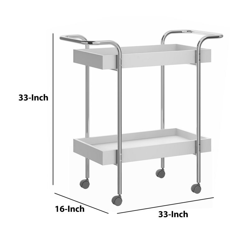 Storage Cart with 2 Tier Design and Metal Frame, White and Chrome-Benzara