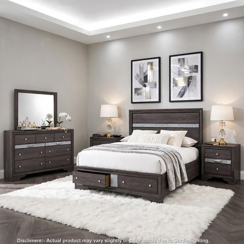 Cevy 5pc Queen Bedroom Set, 2 Nightstands, Silver Accents, Gray Wood image number 1