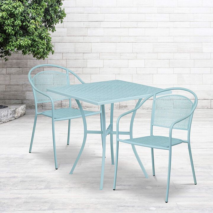 Flash Furniture Commercial Grade 28" Square Sky Blue Indoor-Outdoor Steel Patio Table Set with 2 Round Back Chairs