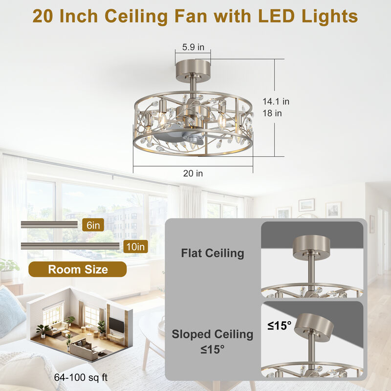 Breezary 20" Crystal Cage Ceiling Fan with Light,5 Blade, 3 Speed , Reversible, Remote Control image number 9