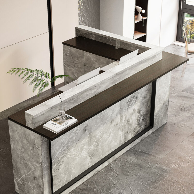 FUFU&GAGA Modern Reception Desk with LED Light Strips, Large Work Surface, Storage Cabinets & Open Shelves, Marble & Brown Finish (94.5 in.  W x 63 in.  D x 41.3 in.  H)