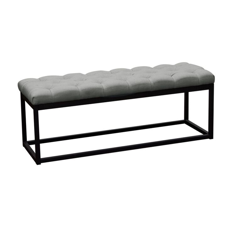 Linen Upholstered Metal Contemporary Bench with Diamond Tuft Details, Gray and Black-Benzara