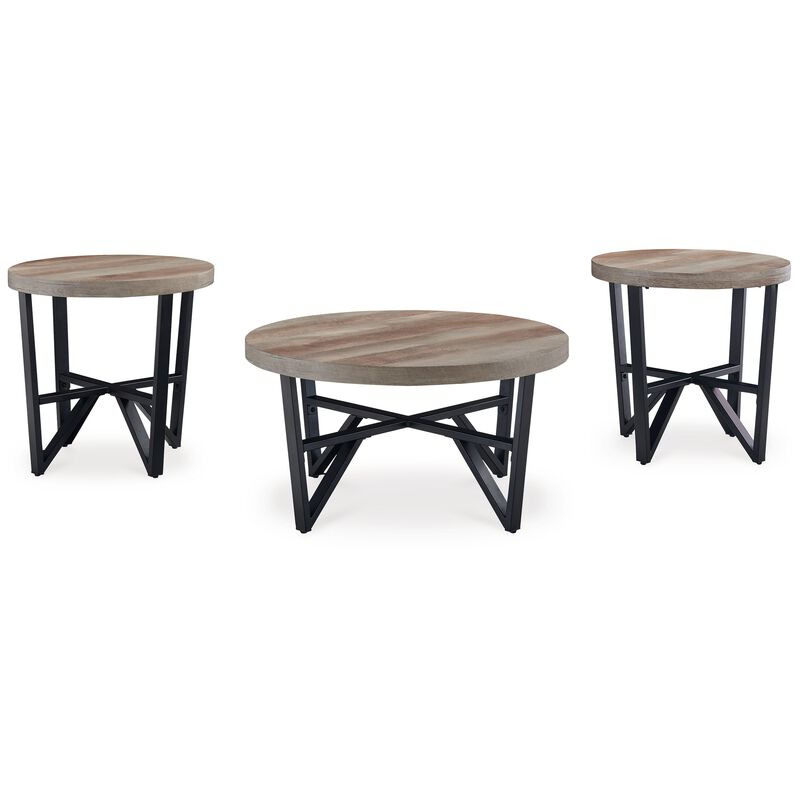 Hya 3pc Coffee and End Table Set, Brown Wood Round Top, Black Angular