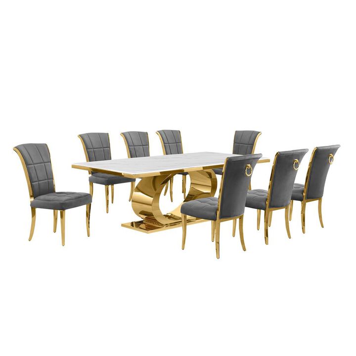 Best Quality Furniture 9pc Large(87) marble top dining set with gold base and 8 Dark grey side chairs