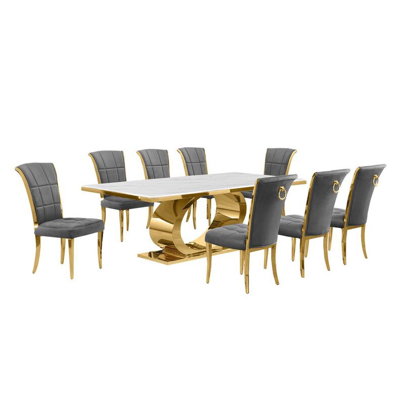 Best Quality Furniture 9pc Large(87) marble top dining set with gold base and 8 Dark grey side chairs