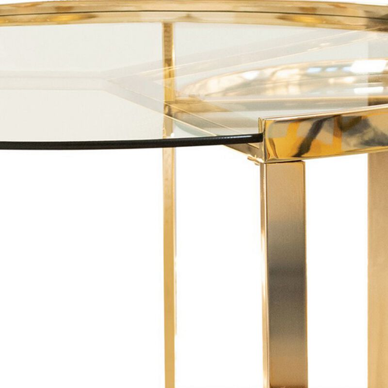 23 Inch Round Nesting Accent Tables, Glass Top, Metal Base, Set of 2, Gold
