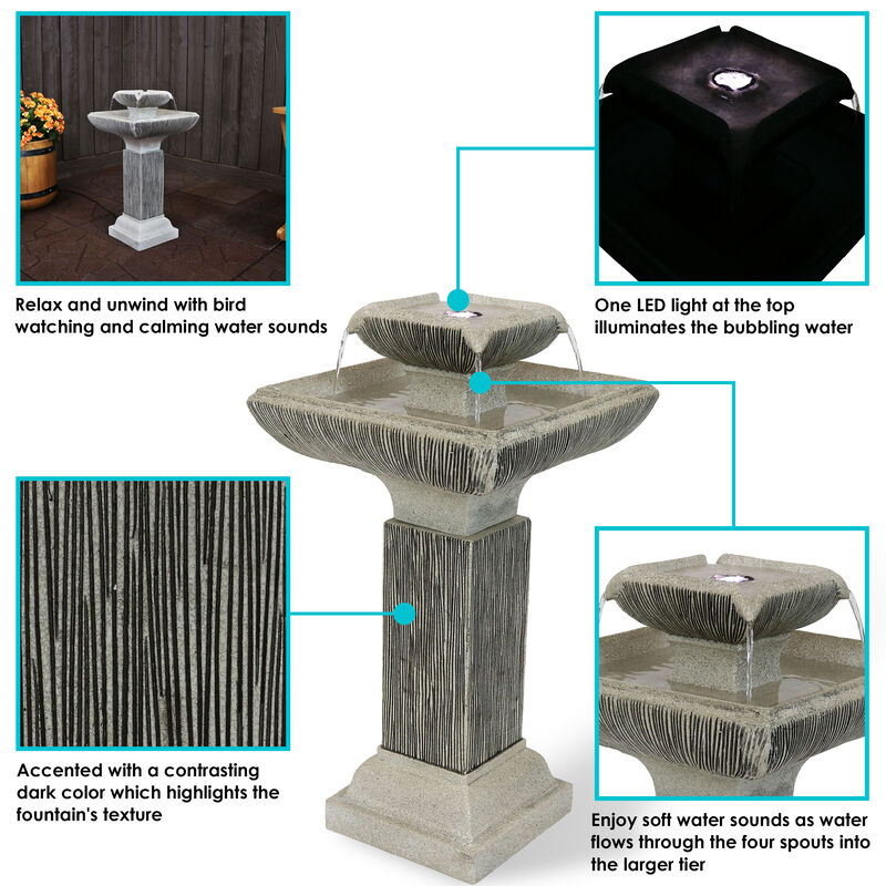 Sunnydaze Square Resin Outdoor 2-Tier Bird Bath Water Fountain with Lights