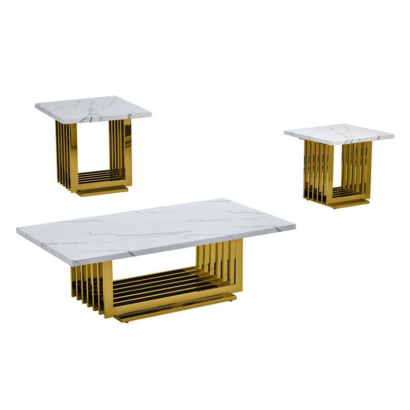 Best Quality Furniture 3pc- white marble coffee table set (Coffee + 2 End tables)