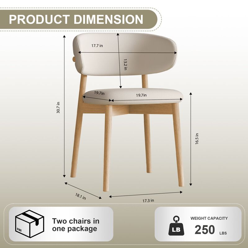 Mid Century Modern Dining Chair Set of 2 with Natural Wood Legs White PU Upholstered Chairs for Kitchen and Dining Room