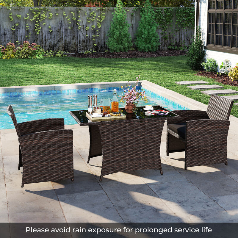 3 Piece Patio Wicker Dining Set with Rectangle Tempered Glass Dining Table