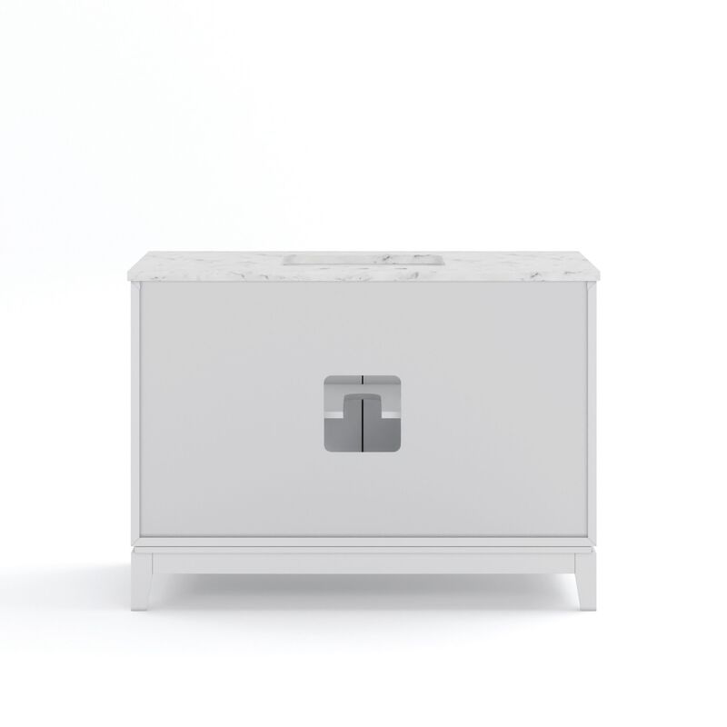 Elizabeth 48 In. Single Sink Carrara White Marble Countertop Bath Vanity In Pure White with Brushed Silver Hardware