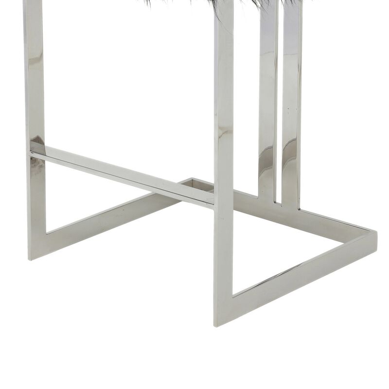 Suki 30 Inch Barstool Chair, Cushioned Black Faux Fur, Silver Cantilever - Benzara