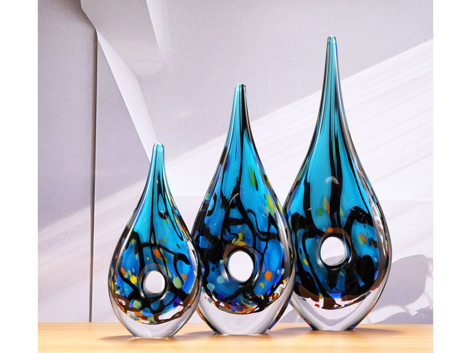 Hand Blown Abstract Hollow Blue Tear Drop Sommerso Art Glass Sculpture