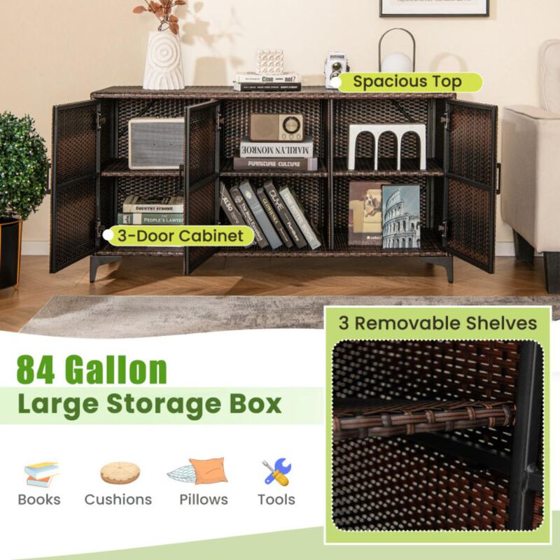 Hivvago 84 Gallon Patio Wicker Deck Box 3-Door PE Rattan Storage Container with Removable Shelves