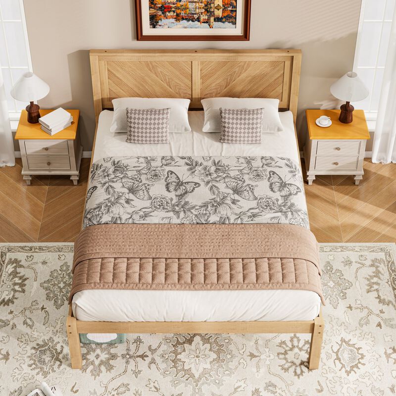 Queen Solid Wood Platform Bed with Herringbone Headboard, Natural Oak Finish, Farmhouse image number 6