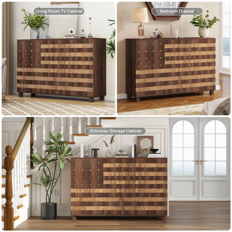 TATEUS Versatile 55" Buffet Cabinet - Hand Carved Kitchen Storage with 2 Drawers, 3 Doors, Adjustable Shelf