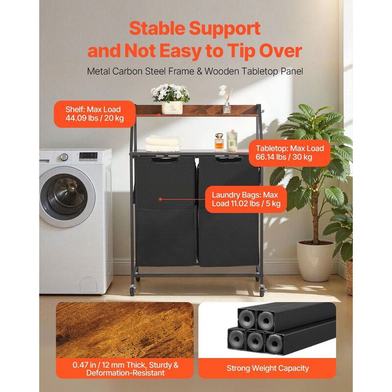 2 Section Rolling Laundry Sorter with Shelves, Oxford Cloth Bags and Wooden Top-Black image number 7