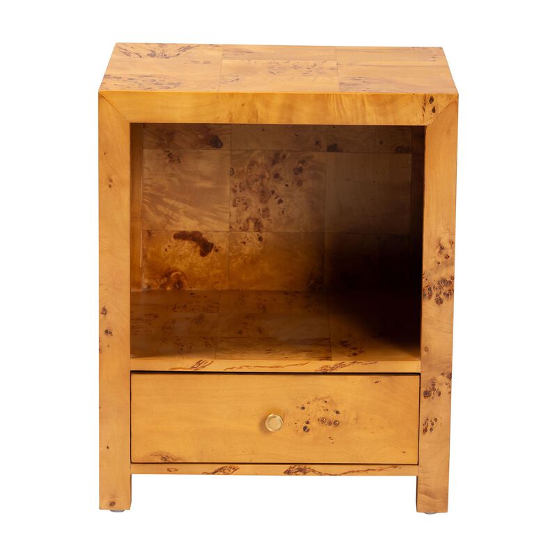 bali & pari Camira Modern and Contemporary Natural Light Mappa Burl Wood 1 Drawer Nightstand