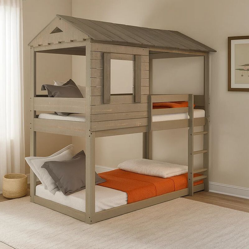Twin Size Wooden Bunk Bed with House Design, Brown