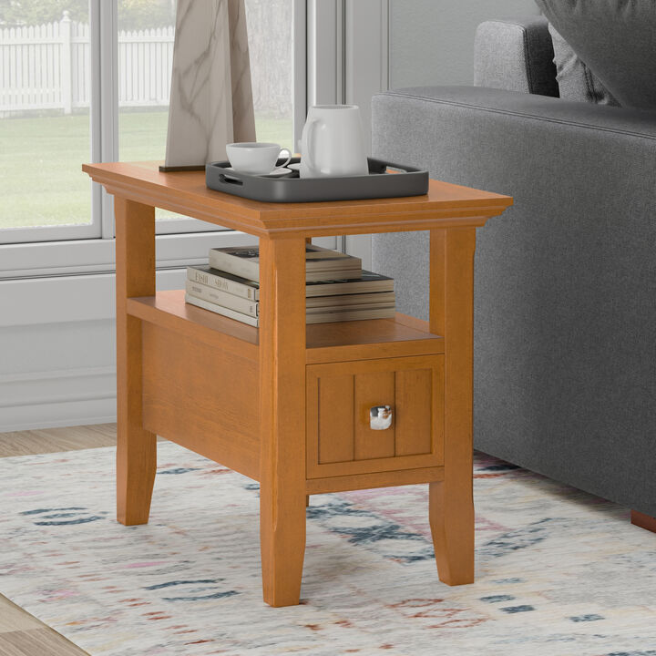 Acadian 14 inch Wide Solid Wood Transitional Narrow Side Table with Drawer in Light Golden Brown