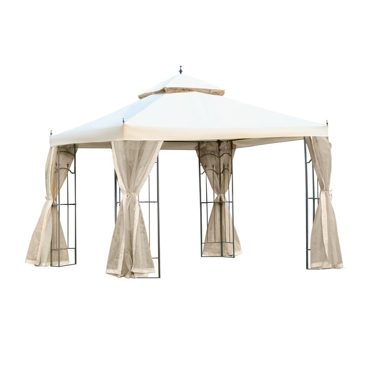 10' x 10' Steel Gazebo Outdoor Garden Canopy with Mesh Curtains, Cream White