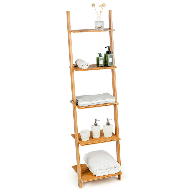 5-Tier Modern Bamboo Wall-Leaning Display Ladder Bookshelf
