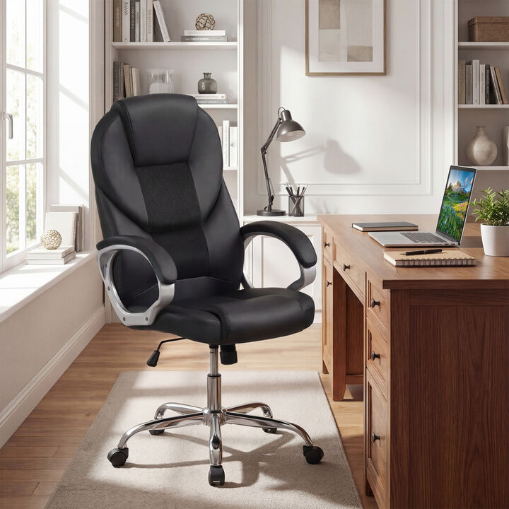 Leather Executive Office Chair with Mesh Back, Padded Armrests and Rocking Function