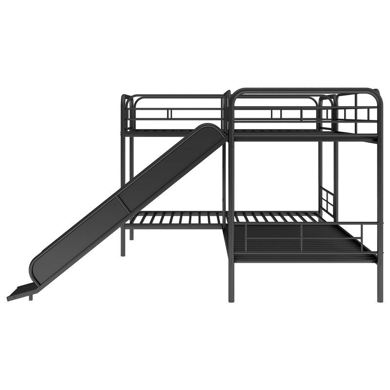 Whisen Twin Size L-Shaped Bunk Bed with Slide and Ladder- Black