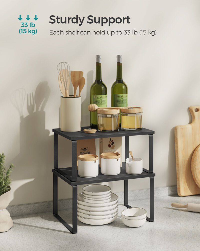 Set of 4 Stackable Cabinet Shelf Organizers - Metal and Particleboard Kitchen Counter Shelves, Expandable