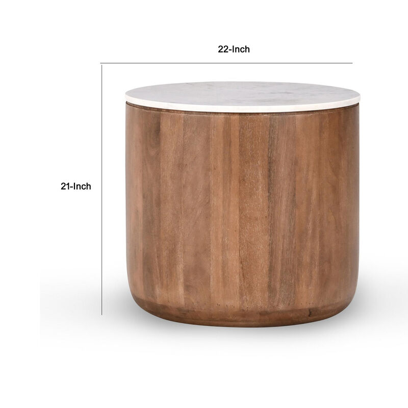 Yari Round Side End Table, White Marble Top, Brown Mango Wood 22 Inch