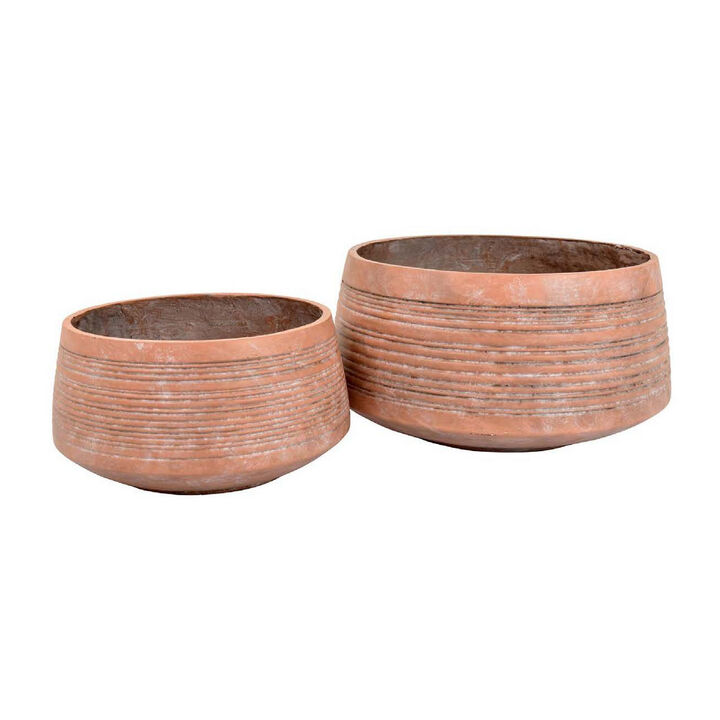 17 Inch Planter Set of 2, Clean Lines, Large Pot Shaped, Metal, Clay Tone - Benzara