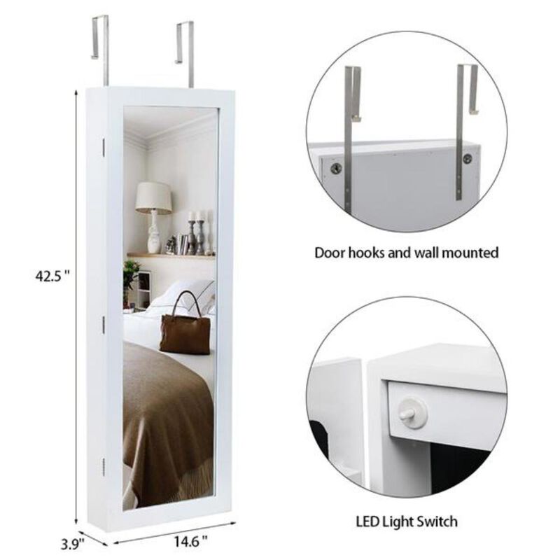 Wall-Mounted Jewelry Storage Mirror Cabinet with 4-Layer Shelf, 2 Drawers & 8 Blue LED Lights