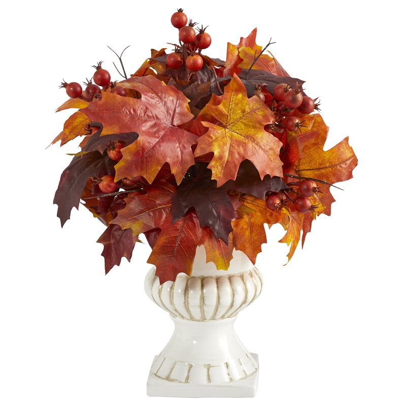 Hivvago 20" Autumn Maple Leaf and Berries Artificial Plant in White Urn