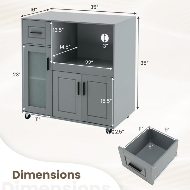 Hivvago Rolling Kitchen Island with Wheels Drawer and Glass Door Cabinet