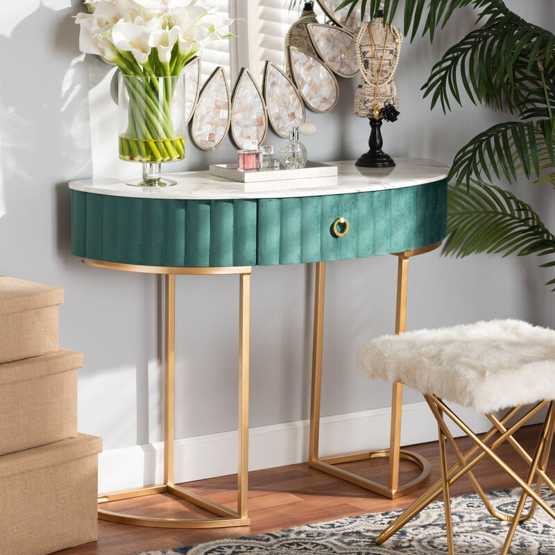Baxton Studio Beale Green Velvet Upholstered 1 Drawer Console Table With Faux Marble Tabletop