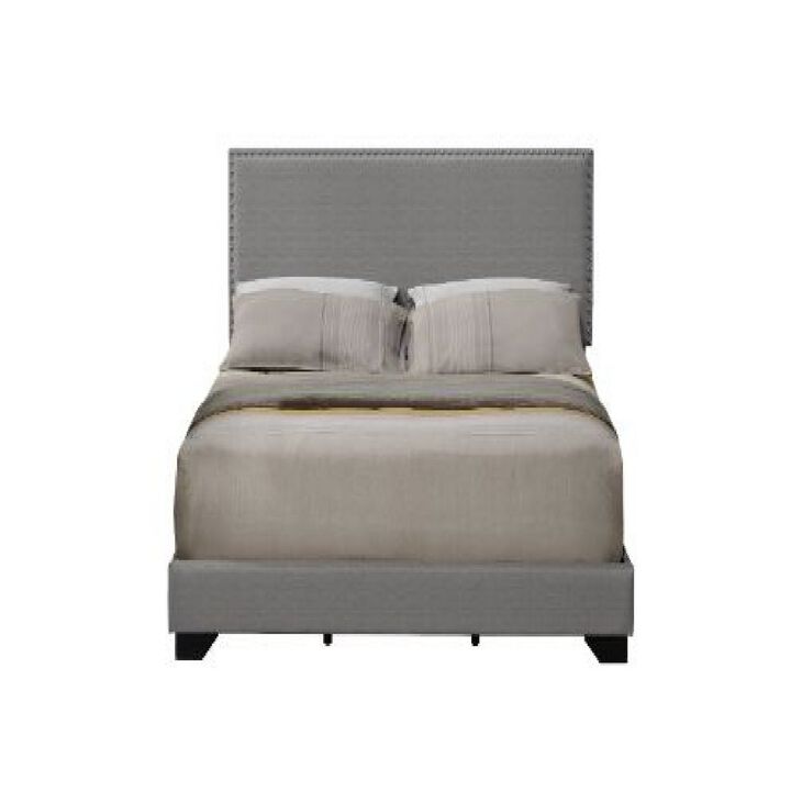 Queen Size Bed with Fabric Upholstery and Nailhead Accent, Gray-Benzara